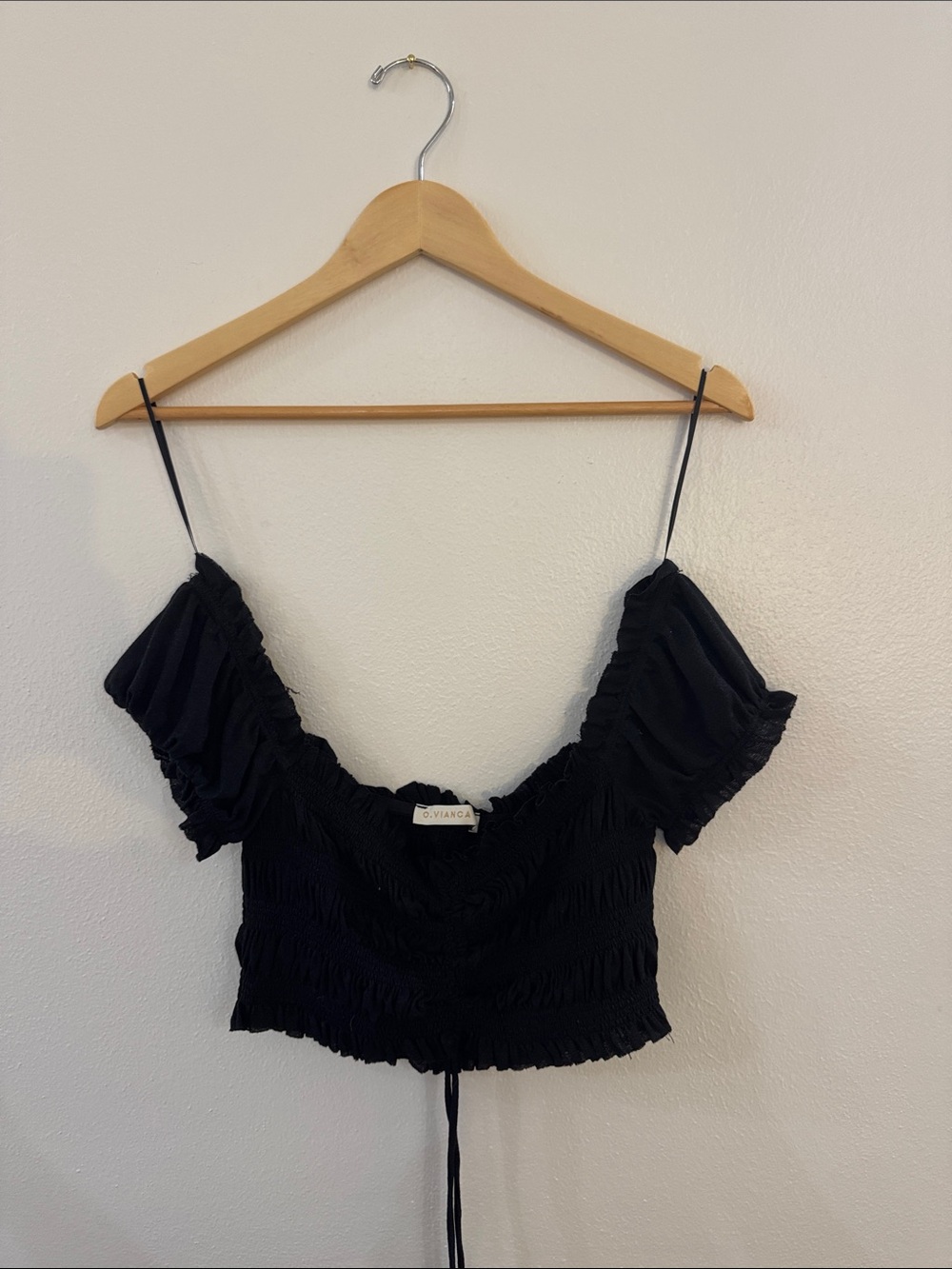 Smocked Off-Shoulder Crop Top - Black